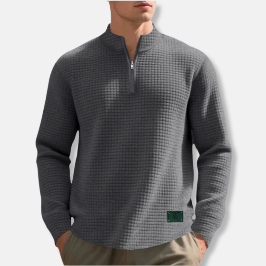 Men’s Sweater – Regular Fit – Textured Waffle Knit – Mock Neck Quarter Zip – Long Sleeve