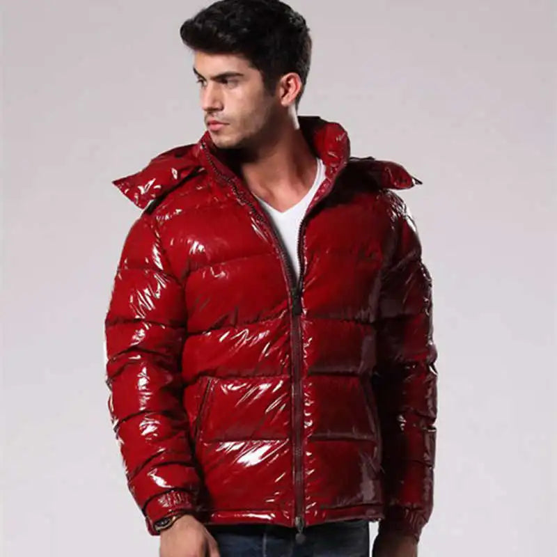 Men's glossy puffer jacket for a bold winter statement