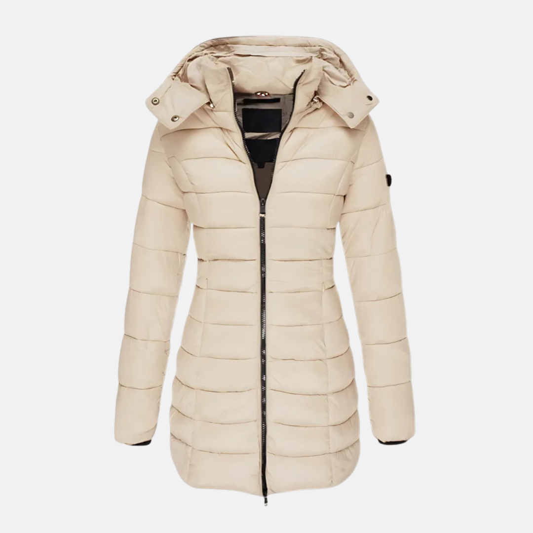 Women’s Puffer Coat – Slim Fit – Quilted Insulated – Mid-Length with Hood and Cuffs