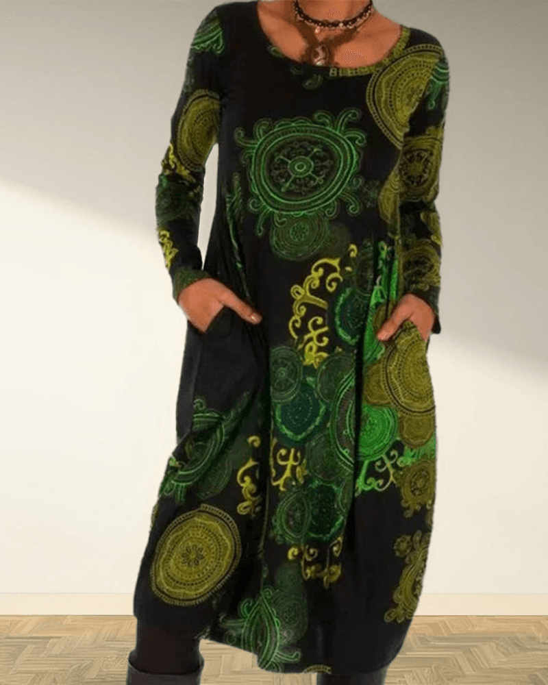 Women's Long-Sleeve Midi Dress - Relaxed Fit - Abstract Print - Casual with Pockets