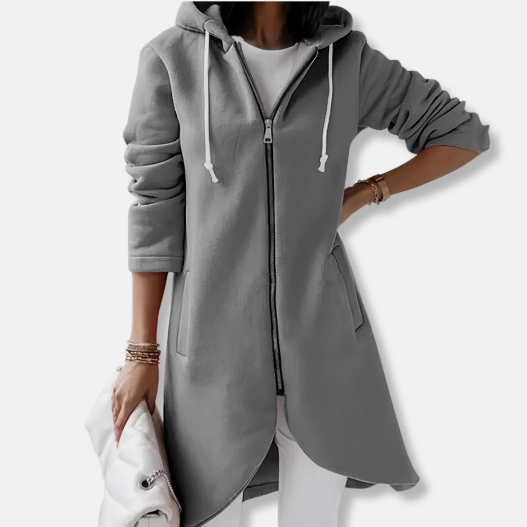 Women’s Hooded Longline Jacket - Knit Blend - Relaxed Fit - Full Zipper - Asymmetrical Hem