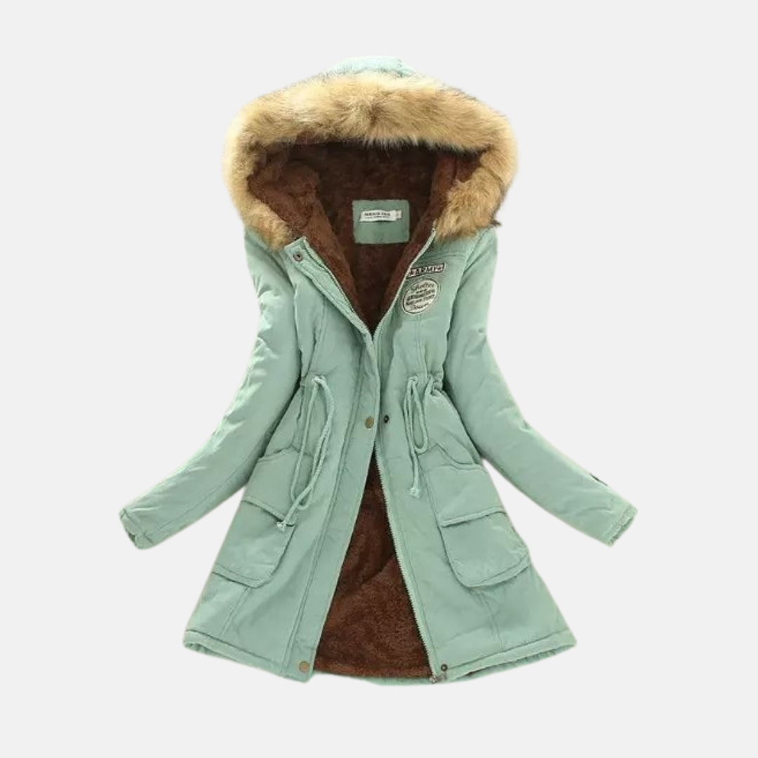 Women’s Parka Coat – Sherpa Lined – Faux Fur Hood – Drawstring Waist – Mid Thigh