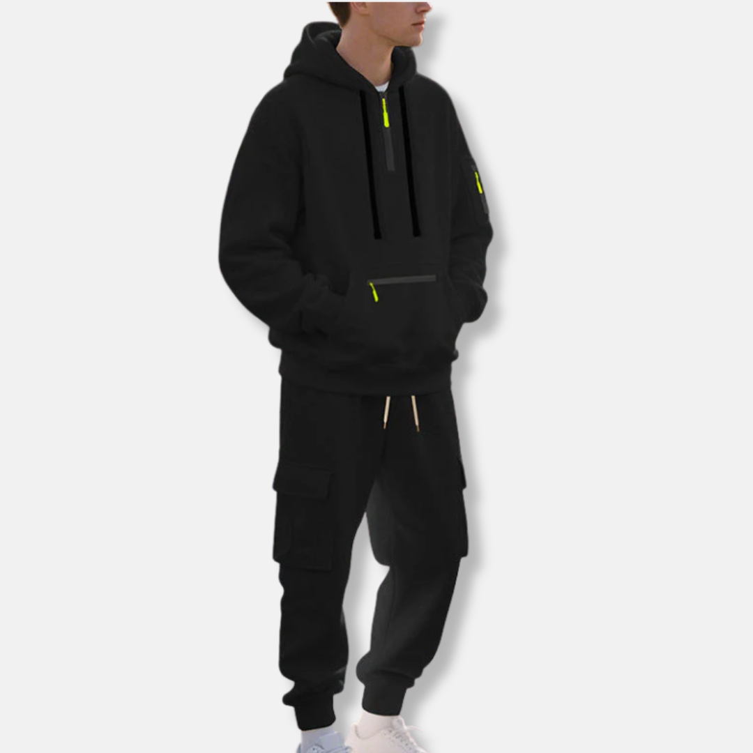 Men’s Tracksuit Set – Relaxed Fit Hoodie with Half-Zip – Cotton Cargo Joggers