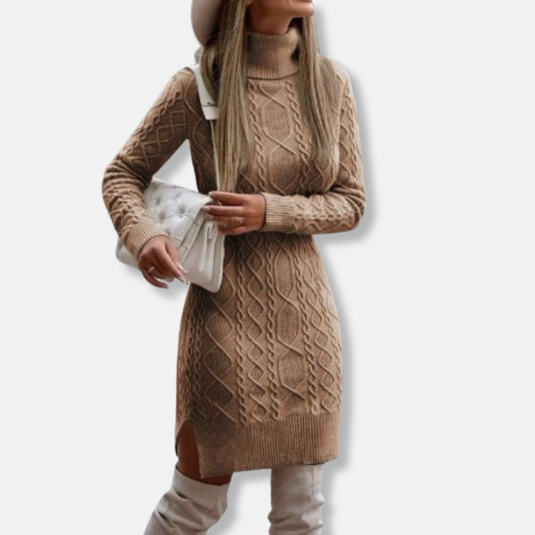 Women’s Mini Dress – Slim Fit Wool Blend – Turtleneck – Cable Knit – Side Slit