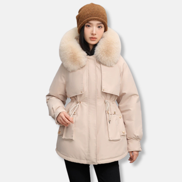 Women’s Parka Jacket – Relaxed Fit – Detachable Faux Fur Collar – Mid-Thigh Length