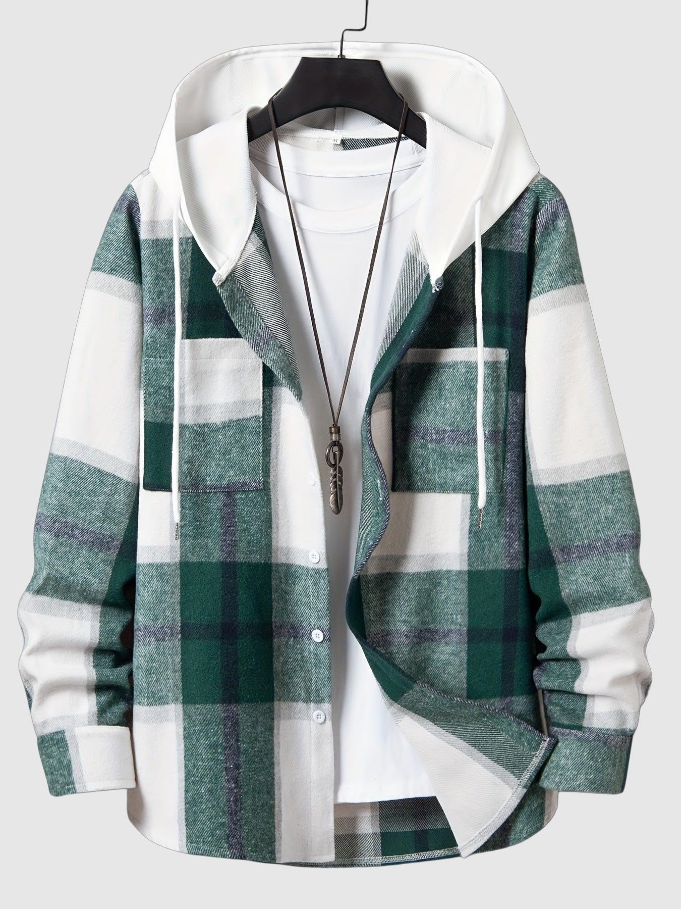 Long sleeve plaid hooded jacket with pockets for men