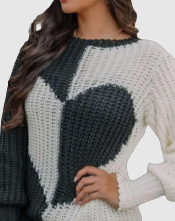 Coleen - Casual Two-Tone Knit Sweater with Heart Pattern