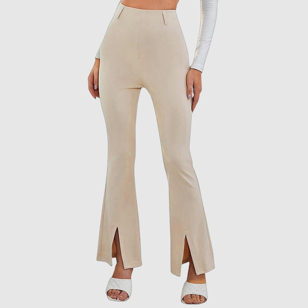 Women's Flared Trousers - High Waist - Front Slit Hem - Fitted Stretch Fabric