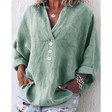 Women's casual linen V-neck button-down top