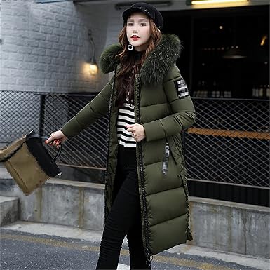 Women's long puffer jacket warm winter coat with faux fur hood, stylish and cozy