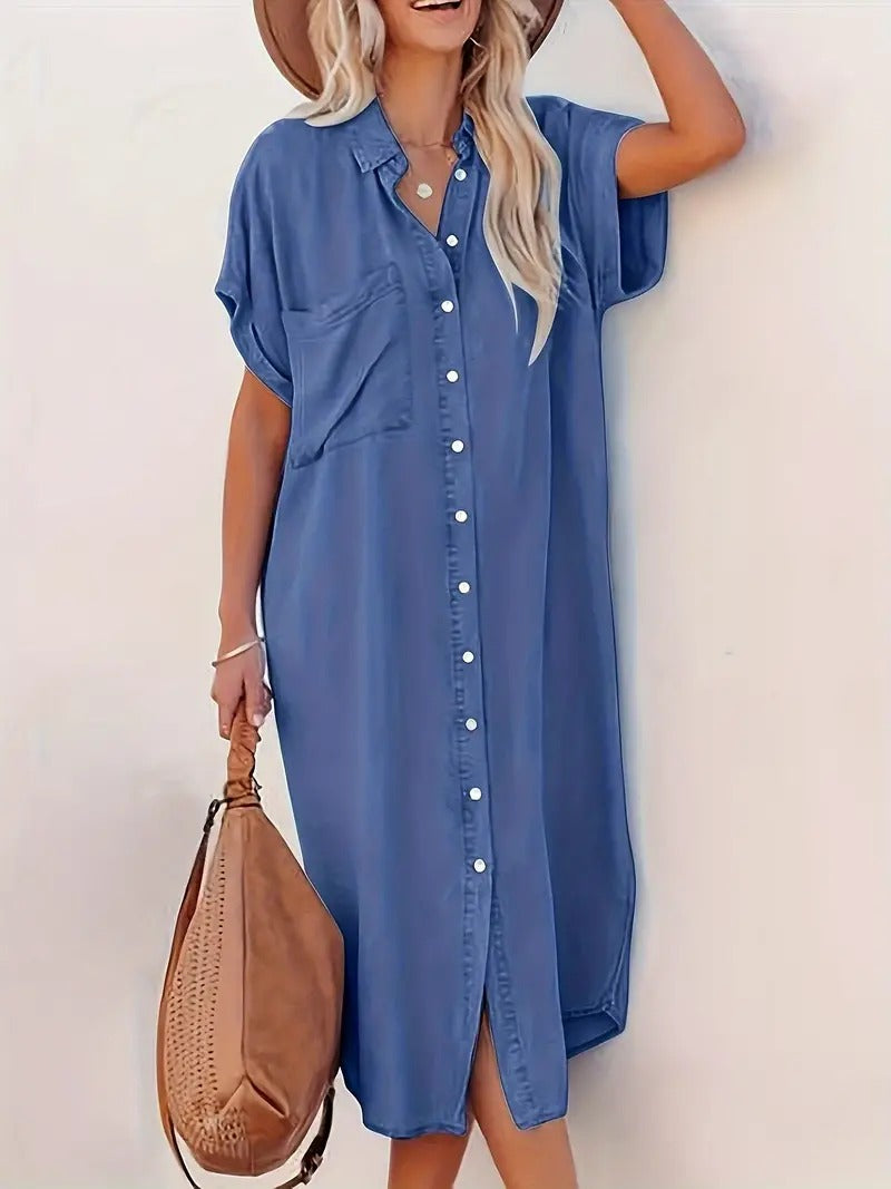 Women's Shirt Dress - Button Down - Loose Fit - Short Sleeve Casual Wear