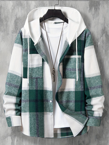 Long sleeve plaid hooded jacket with pockets for men