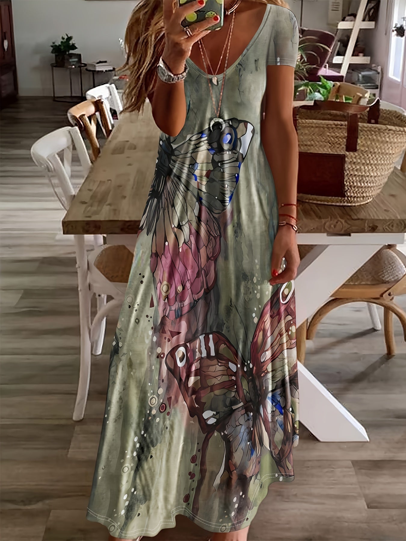 Women's Maxi Dress - Flowing A-Line Fit - Short Sleeve Scoop Neck - Butterfly Print Casual Wear