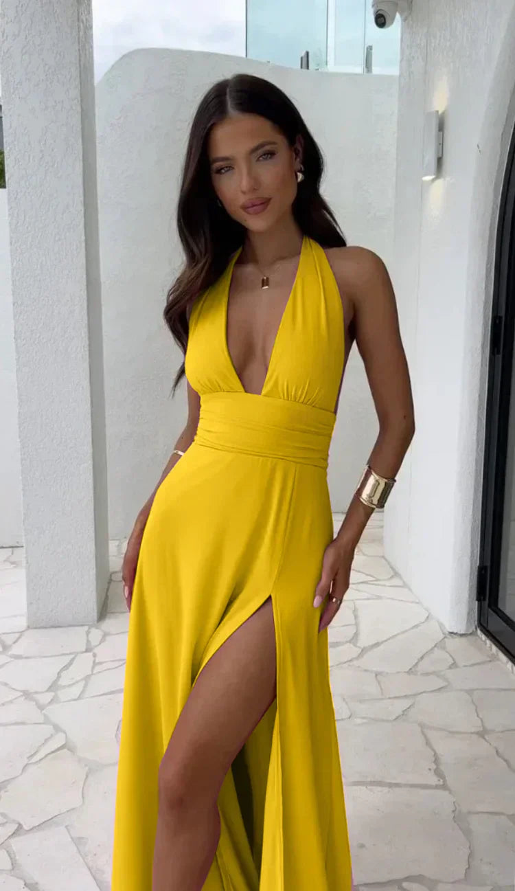 Women's Halter Maxi Dress - Deep V-Neck - High Slit - Flowy Elegant Fit