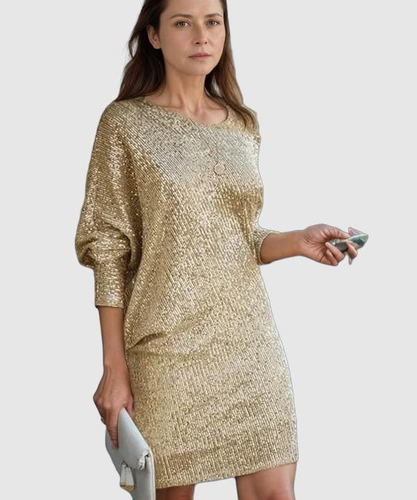 Women's Sequin Dress - Knee-Length - Long Sleeve - Round Neck - Elegant Party Wear