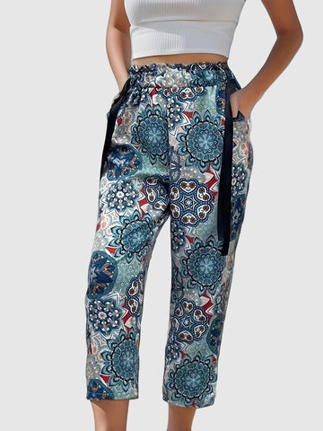 Elastic waistband pants with intricate ethnic pattern for women