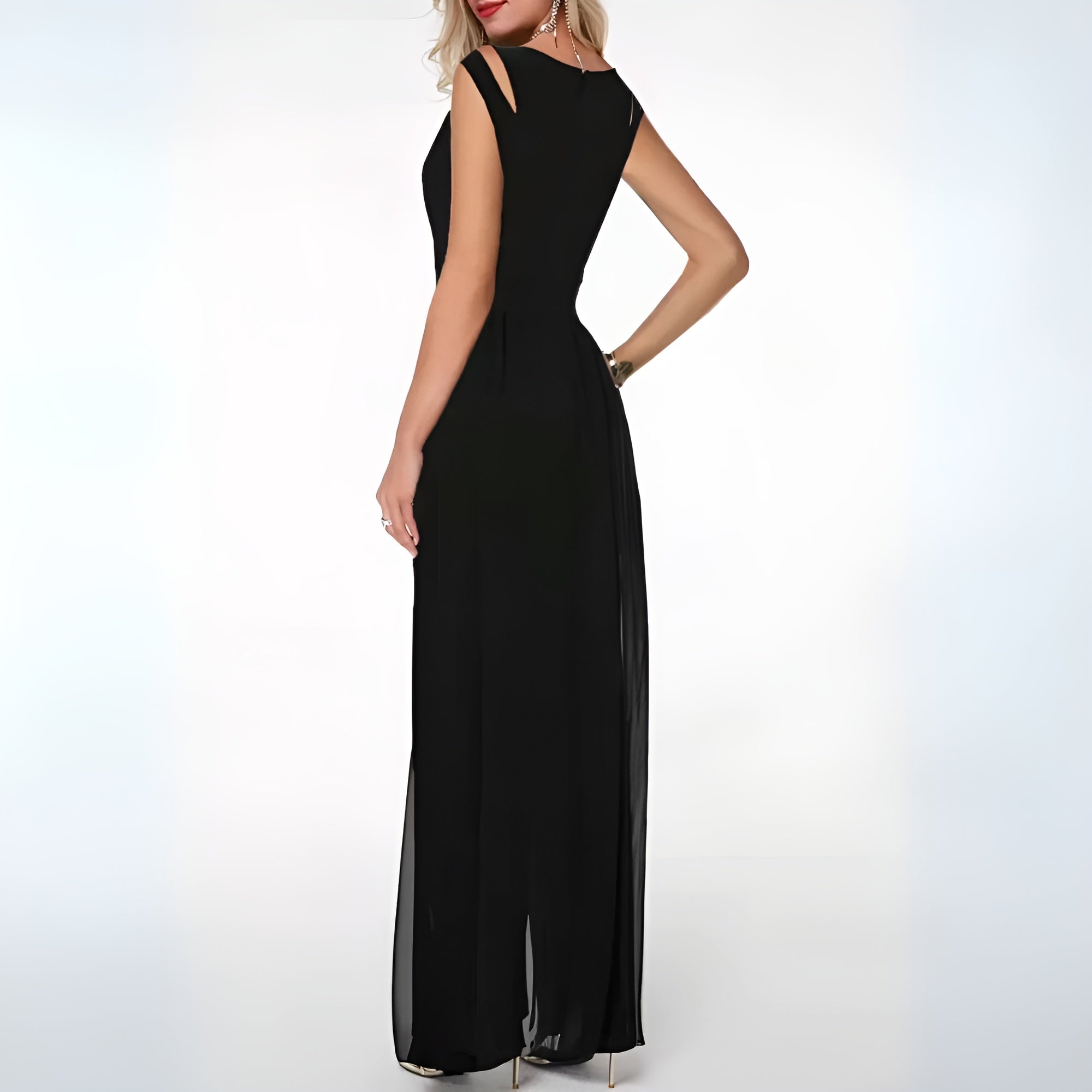 Women’s Evening Gown - Floor-Length Elegant Design - Sleeveless Chiffon Overlay