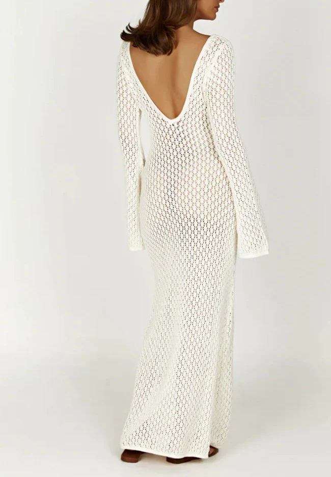 Women's Crochet Maxi Dress - Long Sleeve - Deep V-Back - Elegant Boho Style