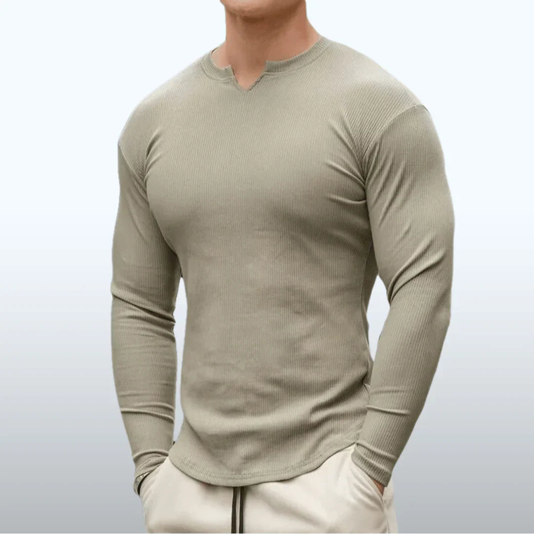 Men's ribbed V-neck long-sleeve tee for casual comfort