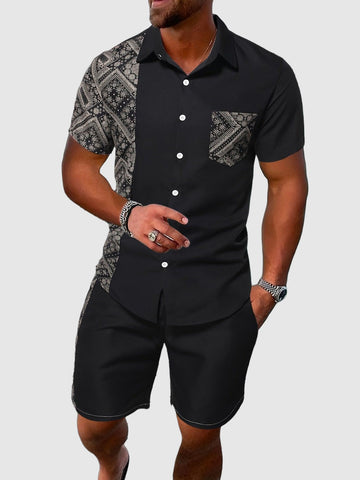 Ethnic print lapel shirt and short set for men