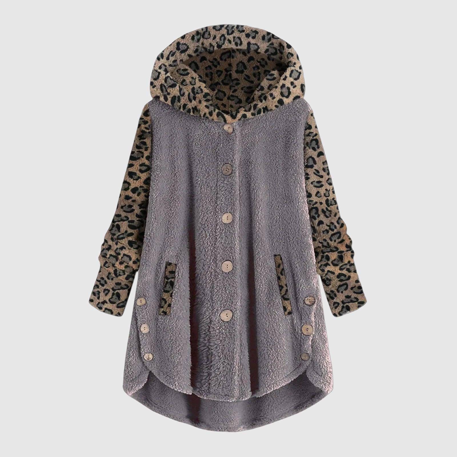 Women's cozy hooded fleece jacket with leopard print sleeves