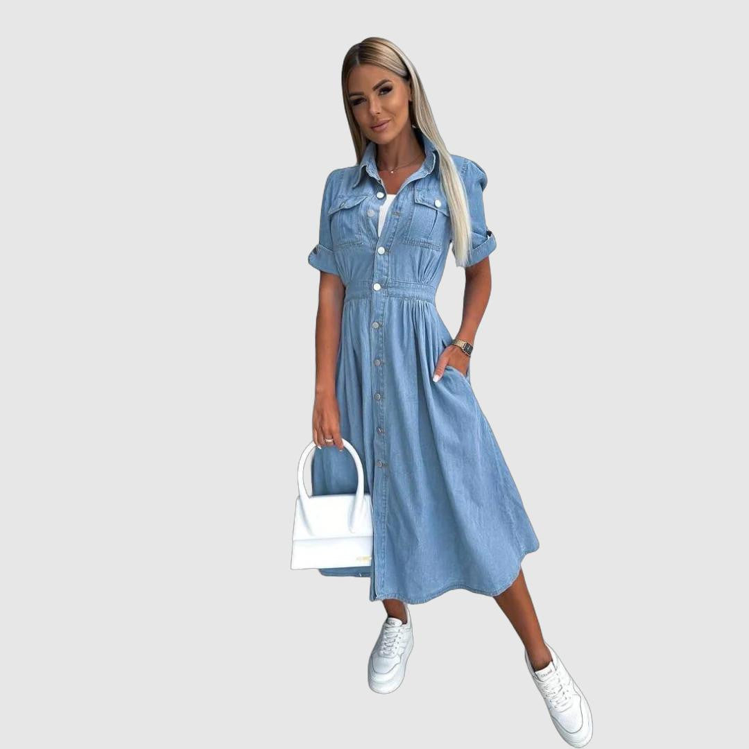 Women's Denim Shirt Dress - Midi Length - Short Sleeve - Button-Down - Fitted Waist