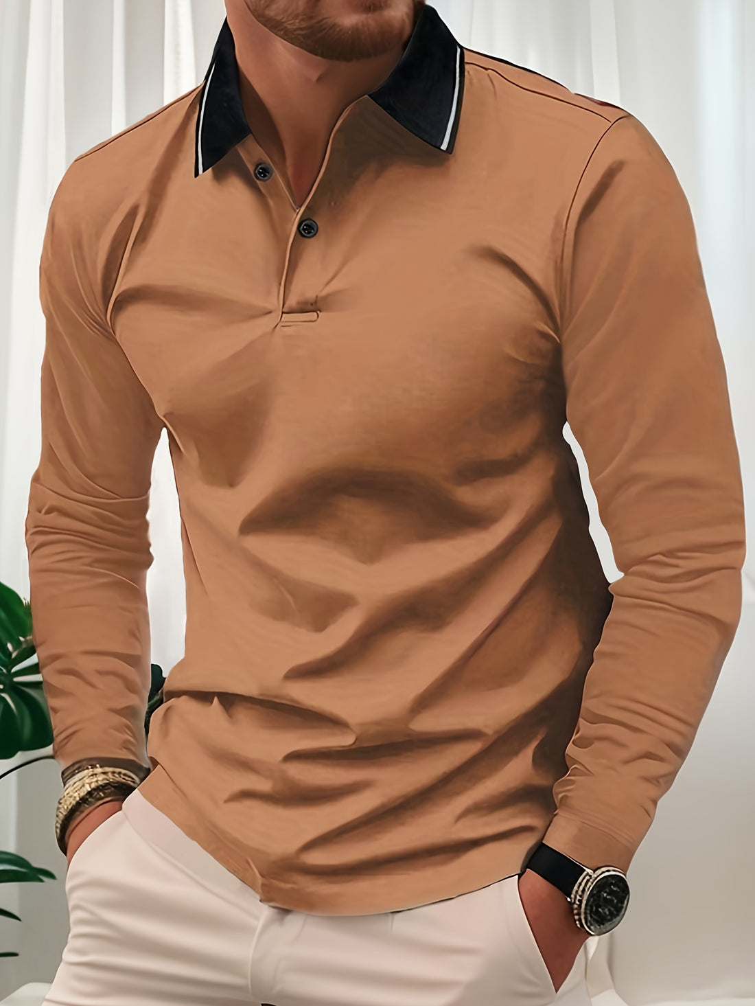 Casual v-neck long sleeve rugby shirt for men