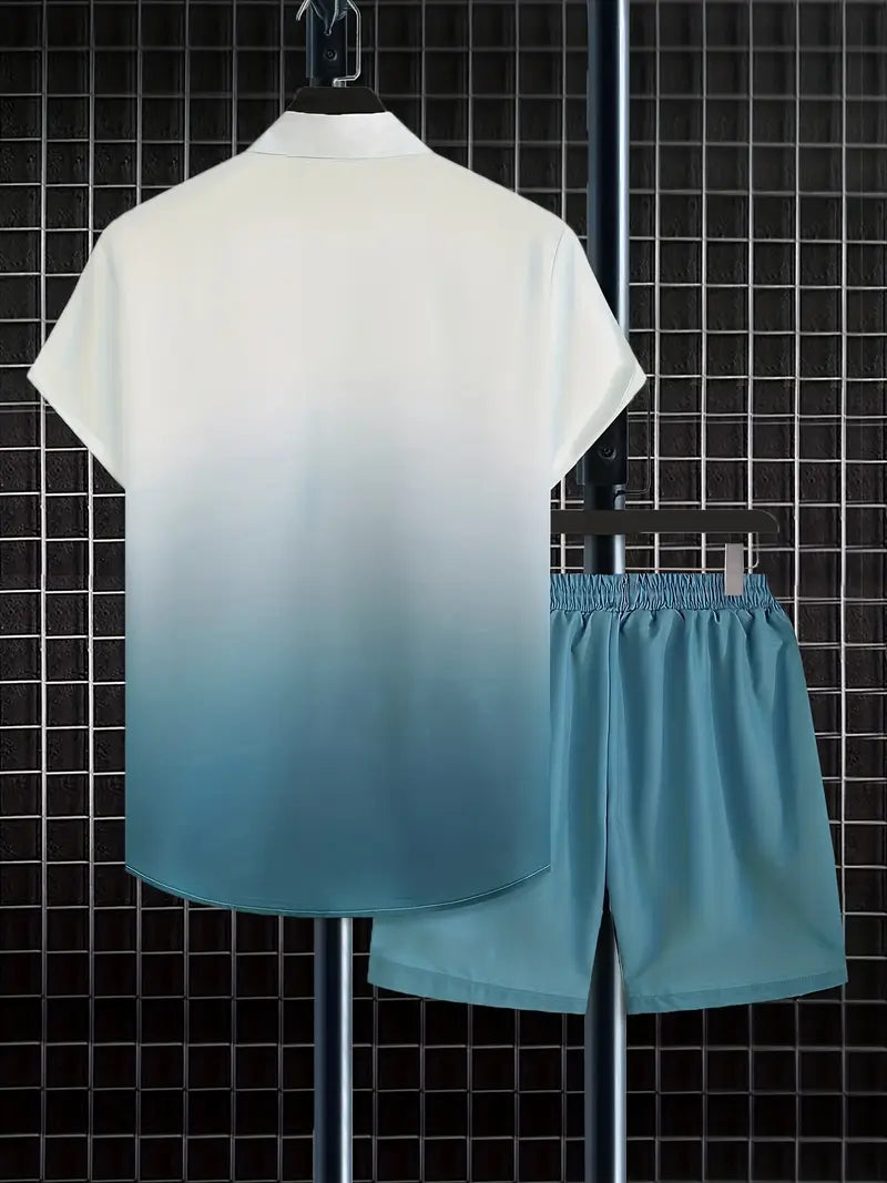 Button up gradient shirt and comfy shorts set for men