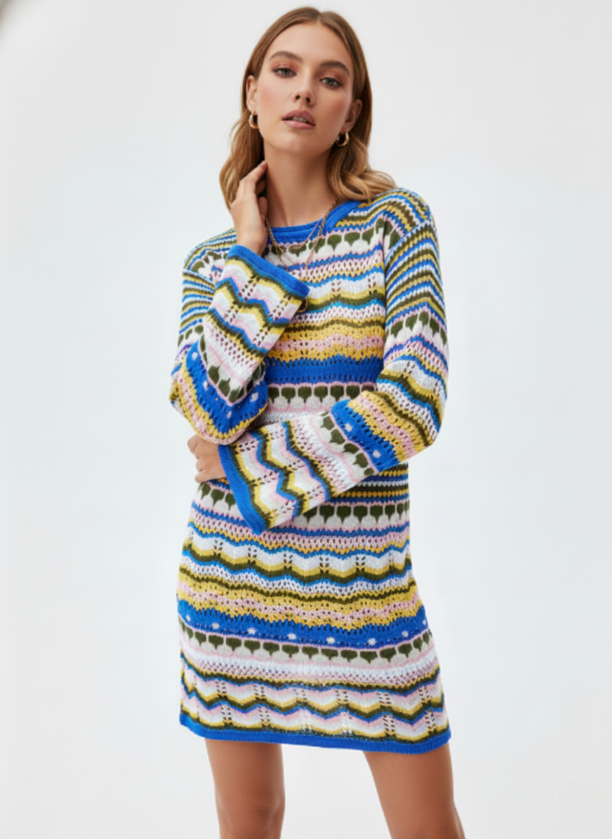 Luna – Multicolor Crochet Knitted Sweater Dress