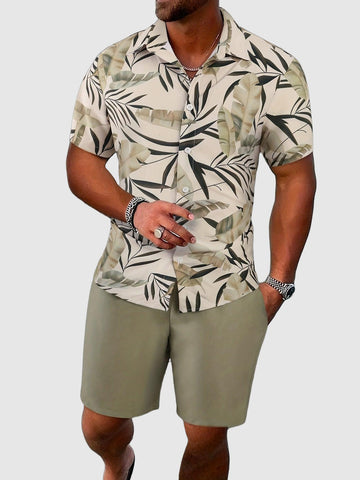 Tropical print shirt and solid shorts set for men