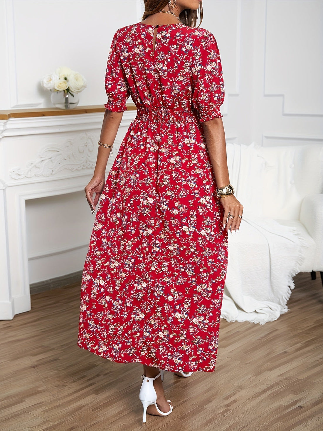 Women's Maxi Dress - Floral Print A-Line - Puff Sleeve Smocked Waist - Round Neck