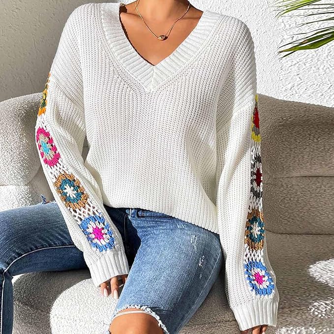 Women's floral crochet sleeve sweater for a cozy boho vibe