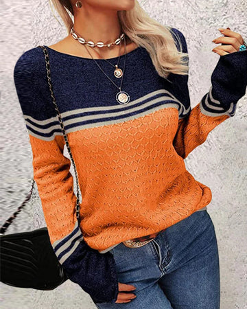 Long sleeves round neck striped women's sweater