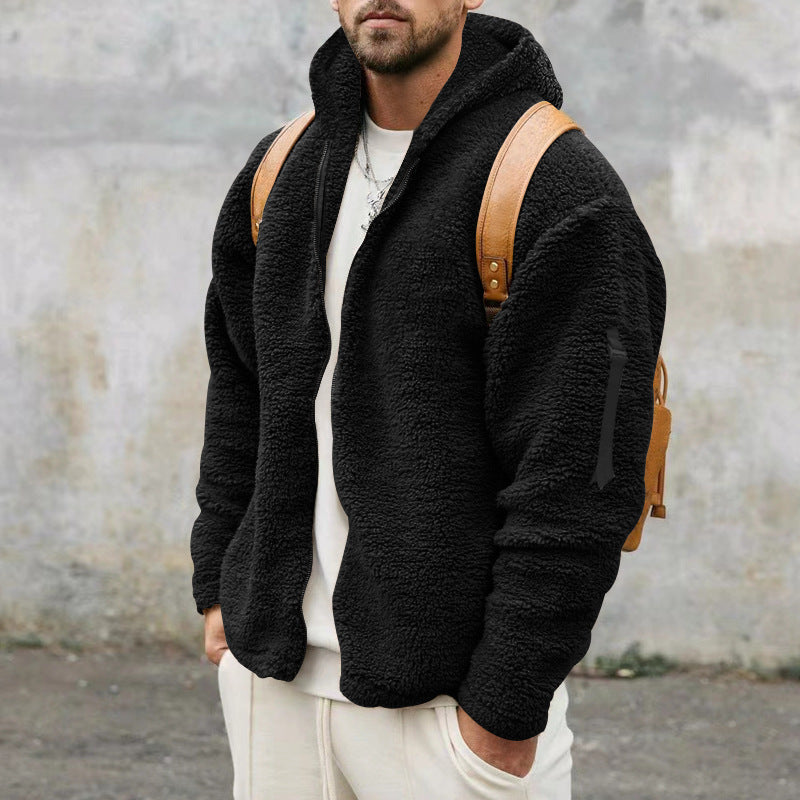 Casual men's hooded jacket with double-faced fleece and pockets