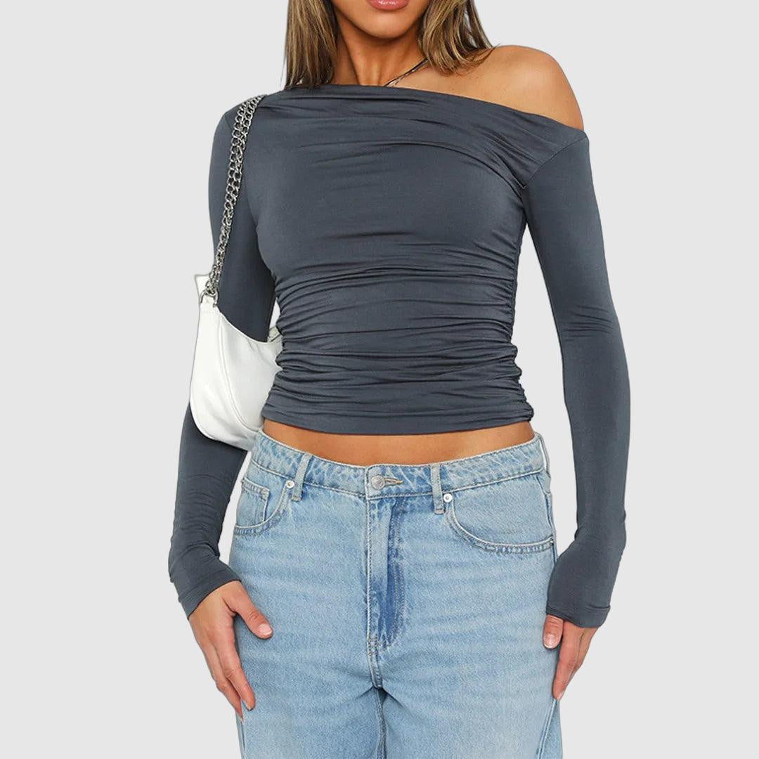 Asymmetrical Off-Shoulder Top in Stretch Fit with Lightweight Polyester Blend