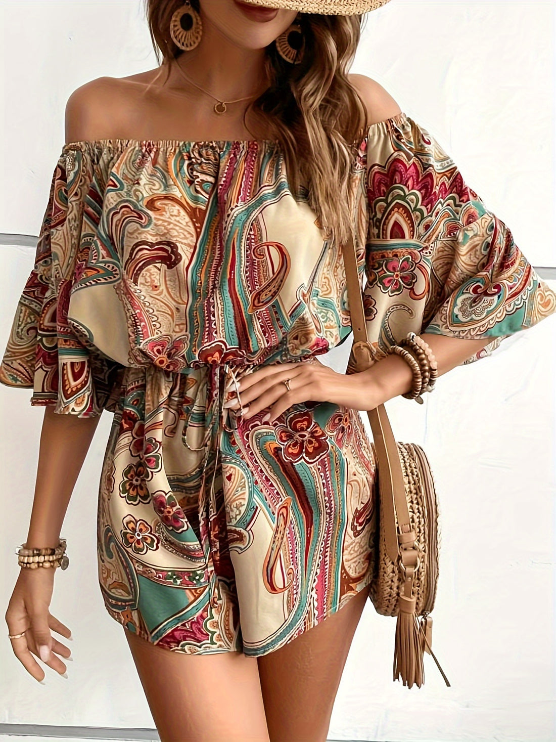 Boho off shoulder tribal print jumpsuit for women