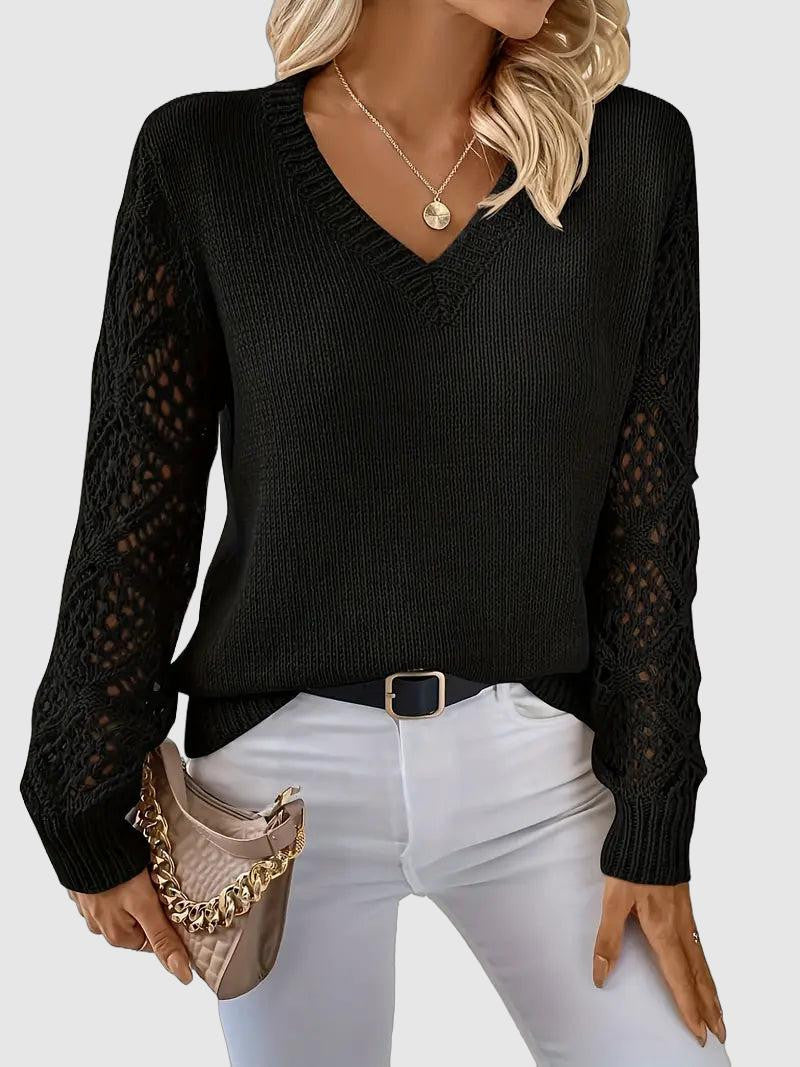 Elegant knitted pullover sweater with v-neck collar and mesh detailing