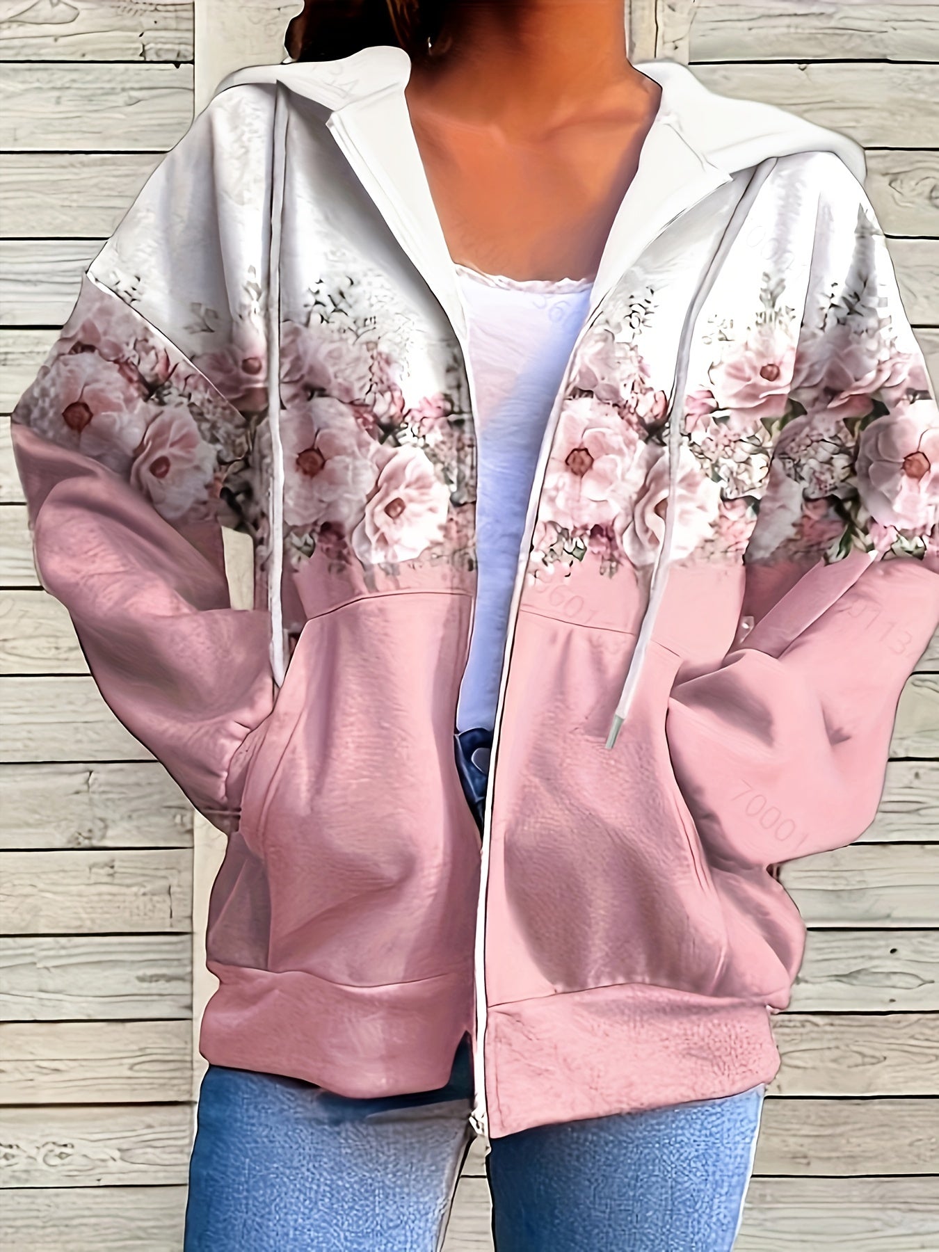 Ombre floral print hooded drawstring for women