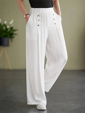 Women's white high-waisted button accent wide-leg pants