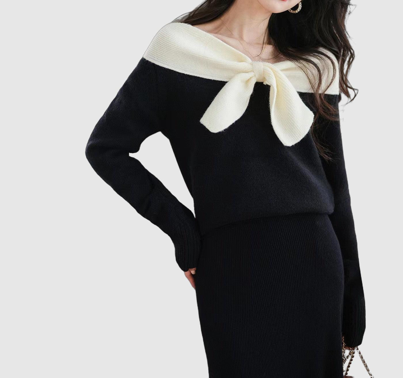 Women's Off-Shoulder Knitted Sweater with Front Bow