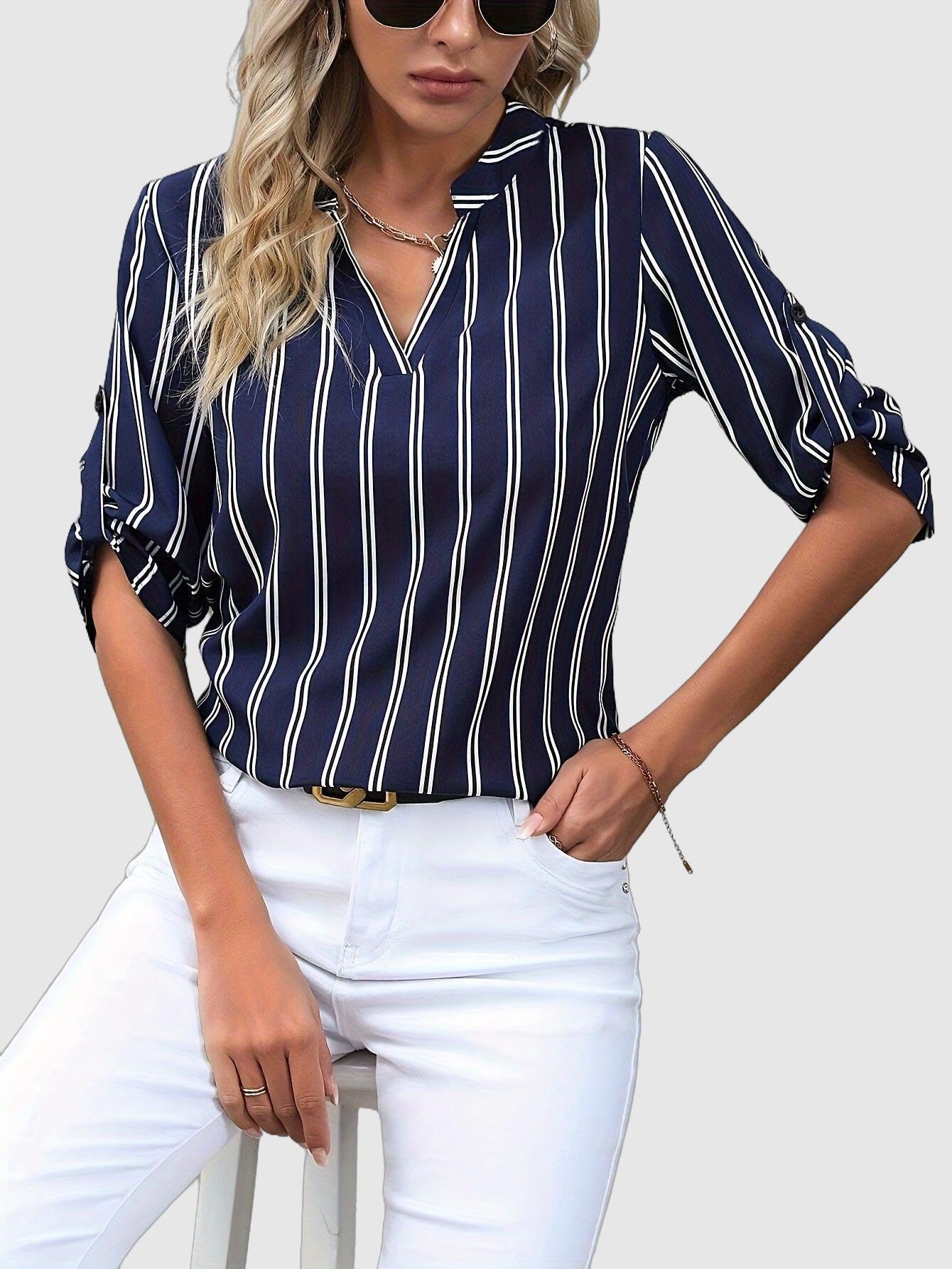 Nora - blue and white striped shirt with v-neck