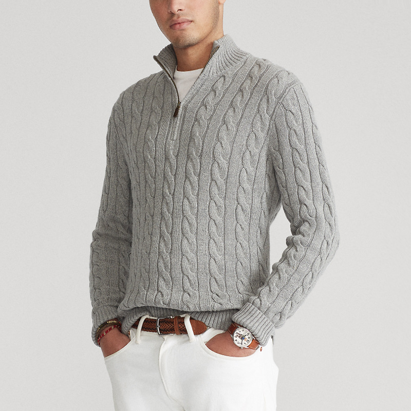 Men’s Half Zip Sweater – Cotton Blend – Cable Knit – Regular Fit – Ribbed Trim