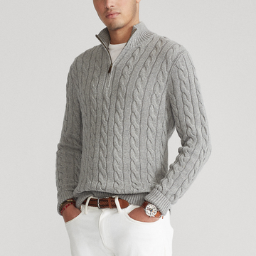 Men’s Half Zip Sweater – Cotton Blend – Cable Knit – Regular Fit – Ribbed Trim
