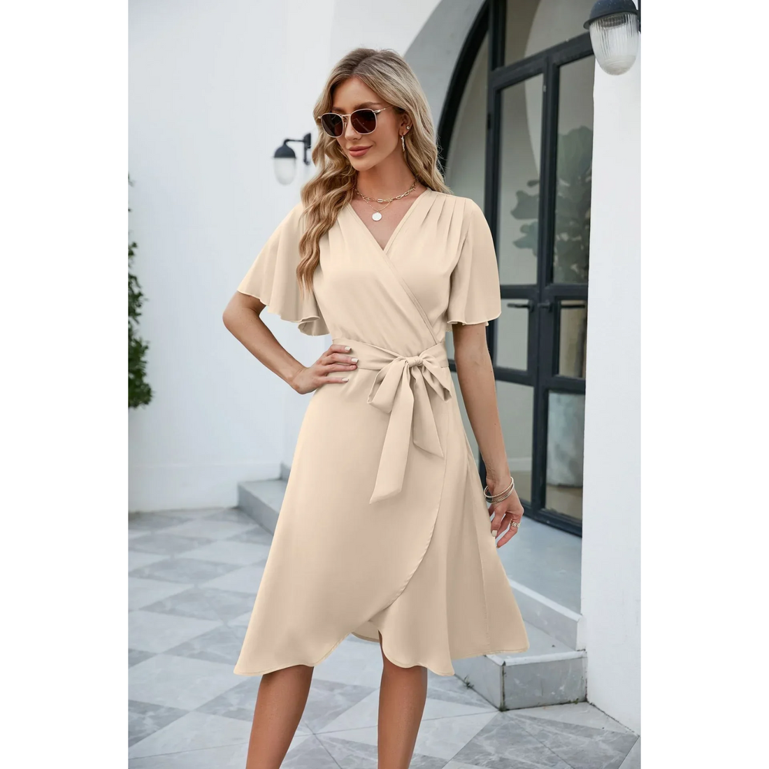 Women's Wrap Dress - V-Neck - Short Flutter Sleeve - Midi Length A-Line Silhouette