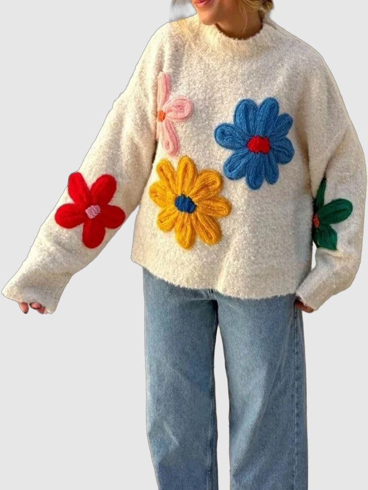 Women's cozy floral applique knit sweater