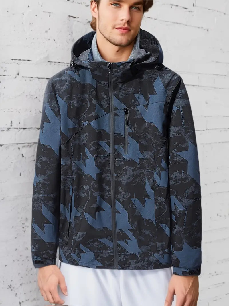 Men's hooded waterproof jacket with camouflage design