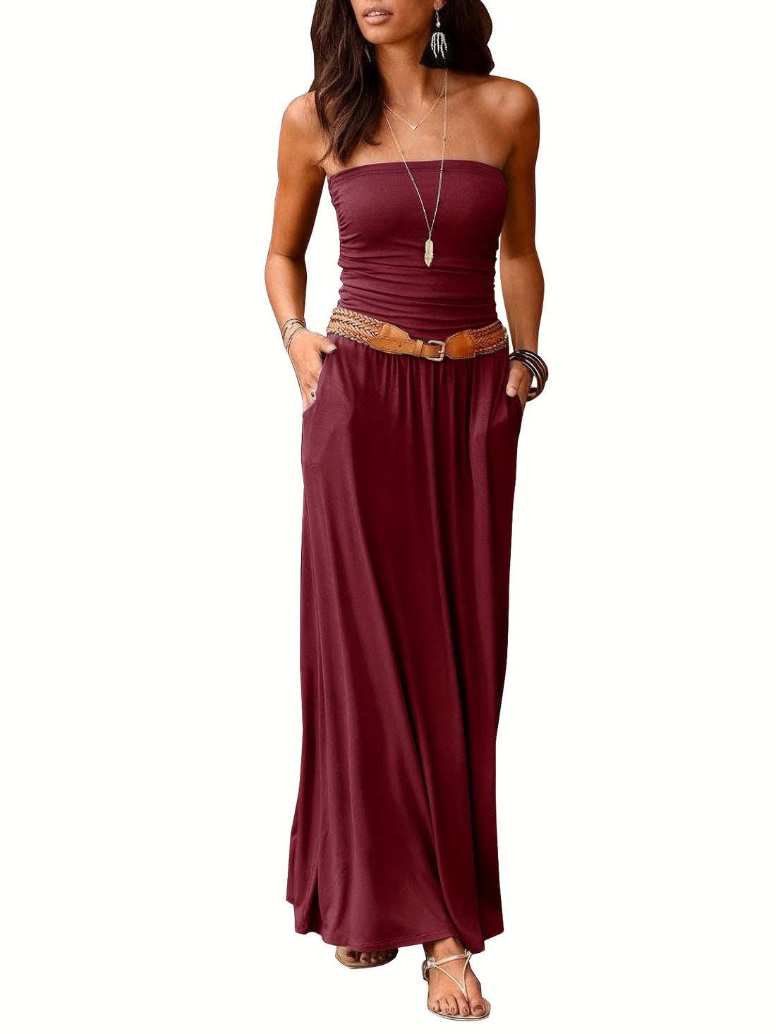 Women's Strapless Maxi Dress - Flowy Lightweight Fabric - Braided Waist Belt