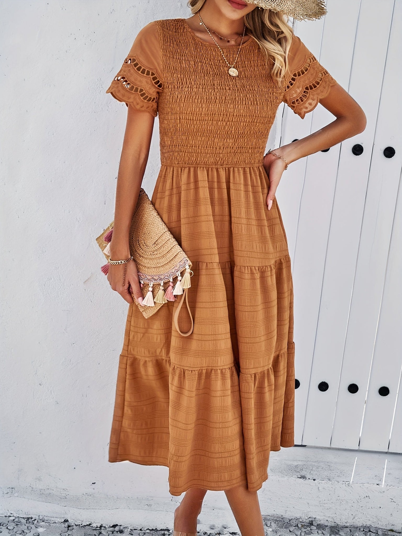 Women's Midi Dress - Smocked Bodice - Short Lace Sleeve - Tiered Flowy Skirt