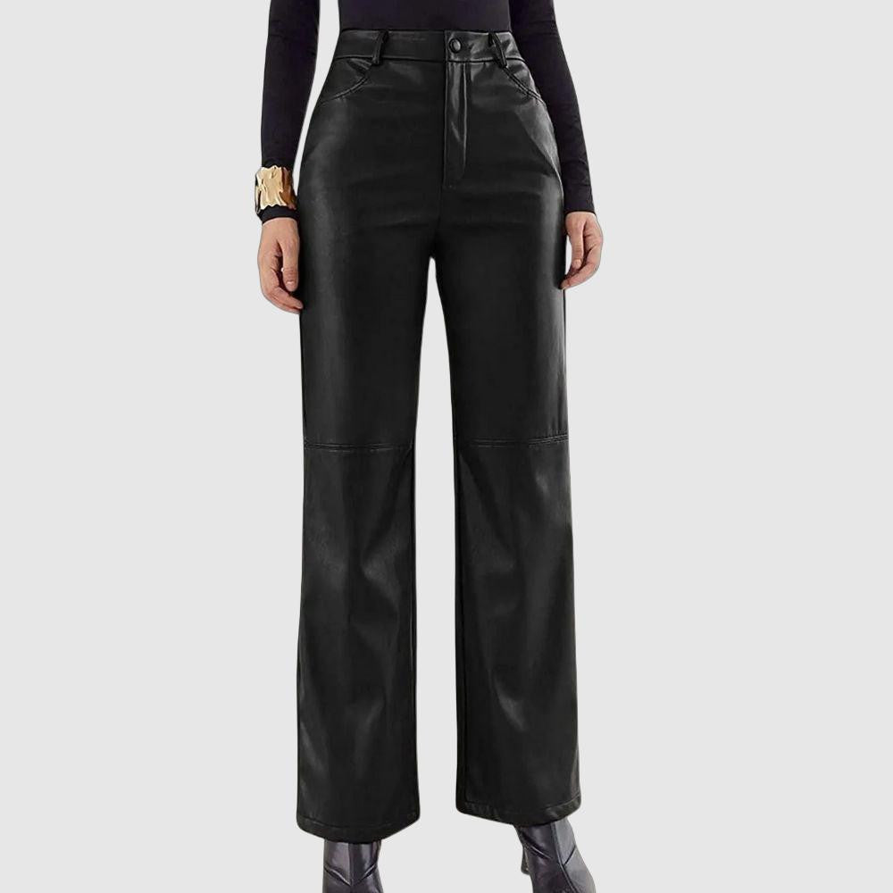 Jaska - women's high-waisted black leather wide-leg pants