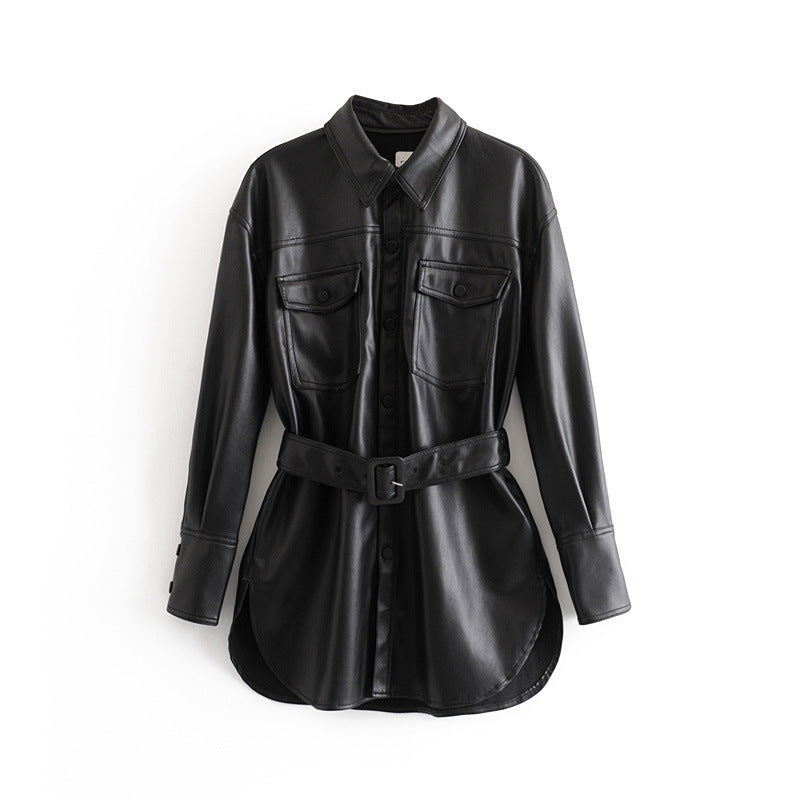 Women's faux leather belted shirt jacket for versatile style